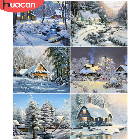 Pintura de HUACAN por número, dibujo de casa de nieve sobre lienzo, pintura pintada a mano, regalo de arte, fotos artesanales por números, Kits de invierno, decoración del hogar ► Foto 1/6