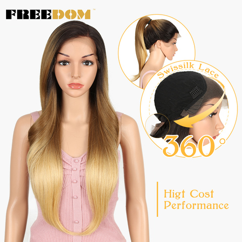 FREEDOM-Pelucas sintéticas para mujeres afro, pelo de cosplay natural resistente al calor, textura liso con encaje frontal, longitud de 28 pulgadas en 4 colores, de tacto original ► Foto 1/6