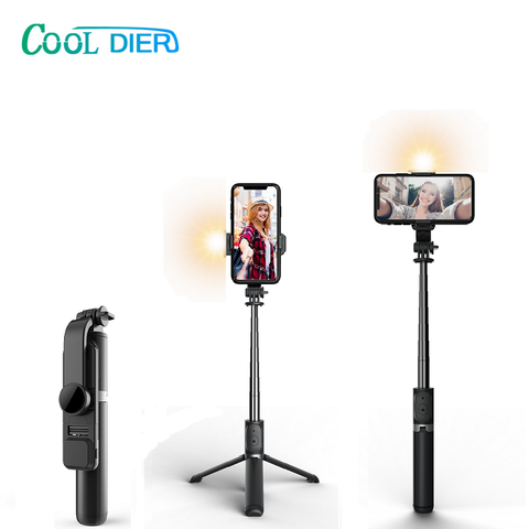 COOL DIER-Palo de selfi inalámbrico con Bluetooth, trípode plegable y extensible, monopié con luz LED de relleno para iPhone y Android ► Foto 1/6