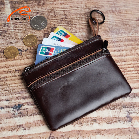 NUPUGOO-Mini monedero de cuero genuino para hombre y mujer, cartera pequeña de cuero genuino, marrón, Vintage, informal, para tarjeta de crédito, pequeña bolsa con cremallera para llave de bolsillo ► Foto 1/6