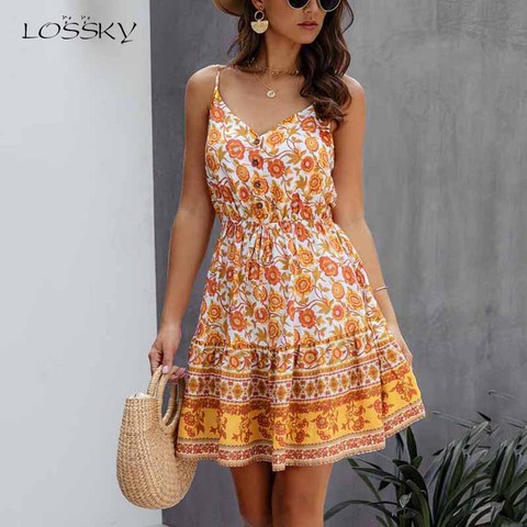 Losky verano Mujer vestido botones algodón Mini vestido de verano moda Sexy corto sin espalda Slip cintura elástica 2022 vestidos sin mangas summer dress ► Foto 1/6