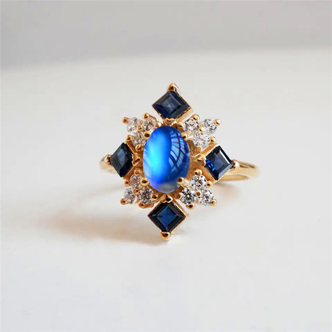 Anillo de compromiso de Color dorado con piedra lunar Ovalada para mujer, joya de lujo, anillos de boda con cristal cuadrado azul ► Foto 1/6