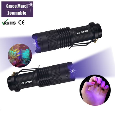 Mini lámpara de luz LED UV para uñas, Zoom de bolsillo, 395nm, 365nm, linterna ultravioleta para dinero, detección de orina de mascotas, secador de uñas ► Foto 1/1