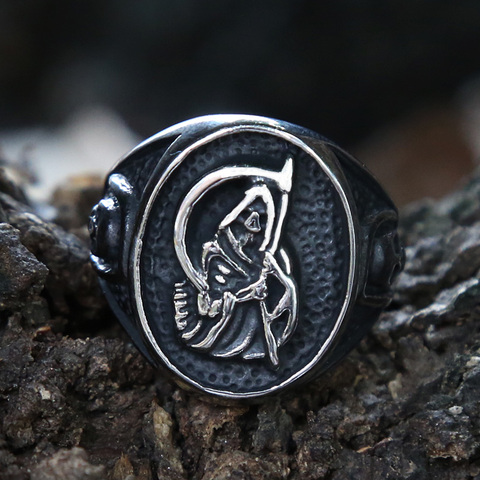 Gótico muerte hoz anillo de calavera para hombre guadaña de la muerte de acero inoxidable anillo hombre Vintage Punk cráneo anillo regalo para él ► Foto 1/6