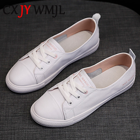 Zapatillas de deporte de cuero genuino para mujer, zapatos deportivos informales a la moda, zapatos planos de verano vulcanizados para mujer, cordones blancos para Mujer 40 ► Foto 1/6