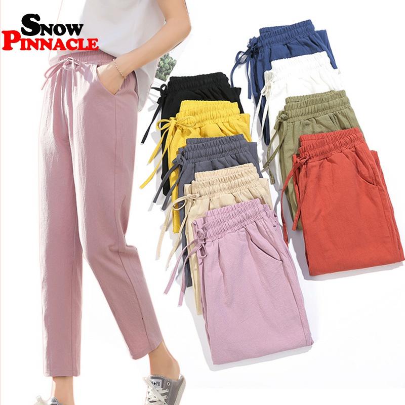 Pantalones de mujer Primavera Verano algodón Lino liso elástico cintura colores caramelo Harem suave alta calidad para mujeres S-XXL ► Foto 1/6