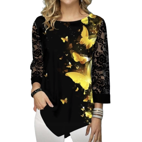 Blusa de talla grande para mujer, novedad de moda de 2022 en camisetas negras con estampado de primavera y verano, camisa elástica de manga de encaje 3/4 informal para mujer ► Foto 1/6