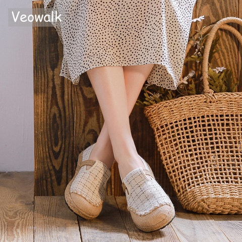 Veowalk-alpargatas veganas hechas a mano para mujer, zapatos planos de lona bordada, estilo japonés, mocasines informales cómodos sin cordones ► Foto 1/6