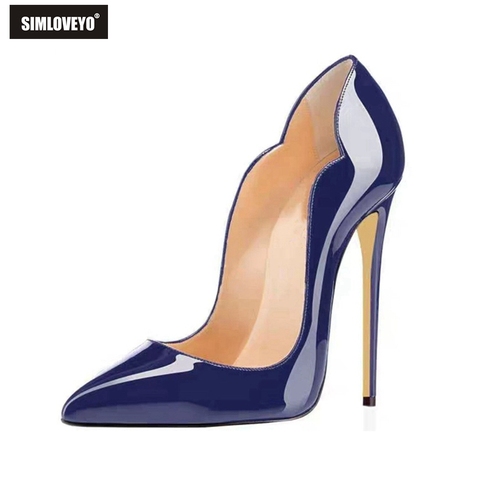 SIMLOVEYO-zapatos de tacón súper fino para mujer, tacones altos de 10cm y 13cm, puntiagudos, sin cordones, de charol, poco profundos, para oficina, color rosa ► Foto 1/6