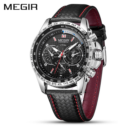 MEGIR-reloj de cuarzo deportivo para hombre, cronógrafo de lujo, con correa de cuero negro, informal, a la moda, con esfera grande ► Foto 1/6