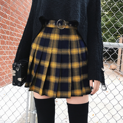 Nuevo verano de las mujeres de Harajuku faldas amarillo negro rojo Falda plisada a la moda Punk estilo cintura alta Mujer Mini Falda corta Mujer ► Foto 1/6