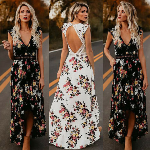 NOVEDAD DE VERANO mujeres elegante Vintage Boho largo Maxi vestido Sexy sin respaldo playa escotado vestido con estampado Floral ► Foto 1/6