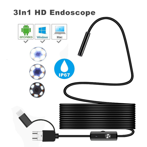 3 en 1 HD teléfono móvil Android endoscopio 5M 10M impermeable IP67 USB cámara de Video de inspección ► Foto 1/6