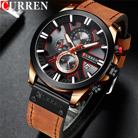 Reloj CURREN para hombre, reloj de pulsera con cronógrafo, reloj deportivo para hombre, reloj de marca militar de lujo de cuero genuino dorado 8346 ► Foto 1/1