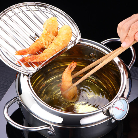 Tempura-sartén freidora de inducción con tapa, medidor de temperatura de acero inoxidable, utensilios de estilo japonés, accesorios de cocina ► Foto 1/6