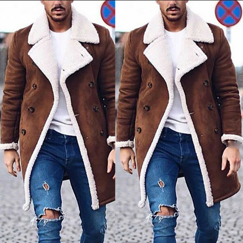 Gabardina de moda con forro polar de piel para hombre, abrigo marrón de moda para invierno, abrigo con solapa cálido y mullido, chaqueta informal para el aire libre para hombre ► Foto 1/6