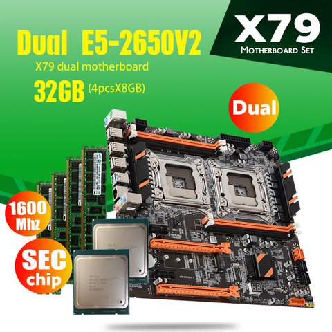 Atermiter-Juego de tarjeta madre para ordenador de escritorio, set de placas base de doble CPU con 2 Xeon E5, 2650 V2, 4 memorias de 8GB = 32GB, 1600Mhz, PC3, 12800 DDR3, ECC REG, modelo X79 ► Foto 1/5