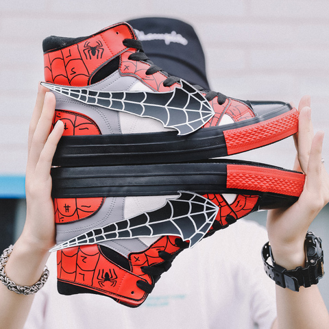 COOLVFATBO-zapatos vulcanizados de Spider Man para hombre, a la moda Zapatillas altas de lona, zapatos de malla estampados informales planos para estudiante ► Foto 1/6