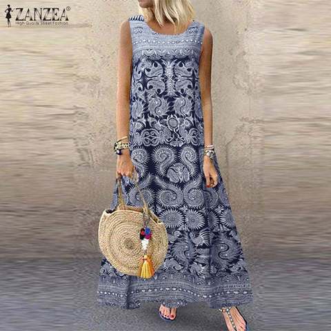 ZANZEA-Vestido de verano de talla grande de lino y algodón, sin mangas, con estampado Floral, holgado, informal ► Foto 1/6