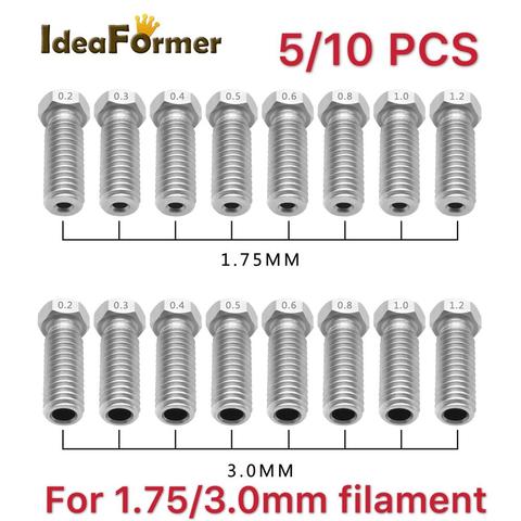 Boquillas de acero inoxidable para impresora 3D, 5/10 Uds., 0,2mm-1,2mm para boquillas M6 de 1,75/3,0mm Extra alargadas ► Foto 1/6