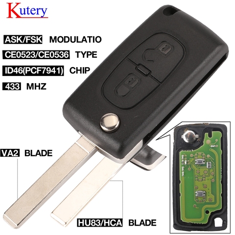 Kutery 434Mhz FSK/a 2 botones Flip clave para Peugeot 107, 207, 307, 307S 308 de 407 de 607 funda de mando a distancia PCF7961 PCF7941 Chip ► Foto 1/5