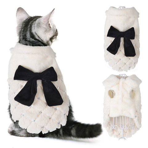 Ropa cálida de invierno para perros y gatos pequeños, abrigo para mascota y gato de piel blanca elegante con lazo, ropa de lujo para gatito y gatito ► Foto 1/6