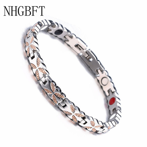 NHGBFT-pulsera de acero inoxidable con movimiento para hombre y mujer, brazalete magnético, Color oro rosa, para el cuidado de la salud ► Foto 1/6