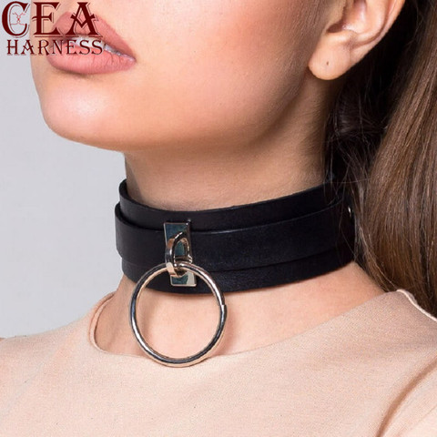 CEA.-gargantilla de cuero con anillo redondo para mujer, Collar de cuero, estilo fetiche submisivo, cinturón de cuello, anillo Slave circular de cuero ► Foto 1/6