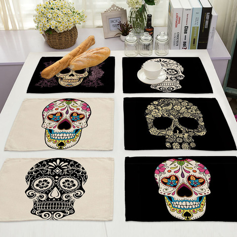 Manteles Individuales PARA CENA con estampado de Calavera, posavasos para bebidas, cojines de lino de algodón, accesorios de cocina, 42x32cm, MC0026, 1 Uds. ► Foto 1/6