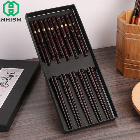 WHISM, 5 pares, palillos de madera Natural hechos a mano, juego de palillos de madera antideslizantes con caja de regalo, palillo chino japonés para Sushi para la cena ► Foto 1/6