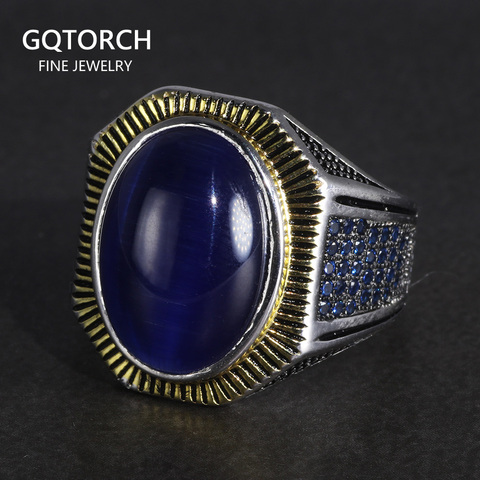 Anillo de 925 anillos de plata esterlina con piedras turcas para hombre, joyería de lujo, Ojos de Tigre, antiguo, turco, azul Natural, garantizado ► Foto 1/6