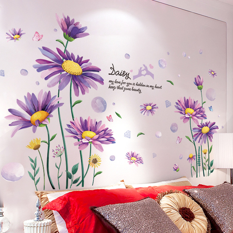 Shijuekongjian-pegatinas de pared de Margarita violeta, sala de estar artesanales para plantas de flores, dormitorio de niños, cocina, guardería, Decoración de casa ► Foto 1/6