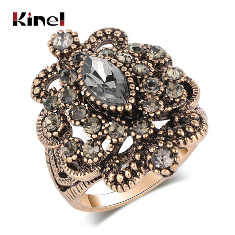 Kinel de lujo Vintage anillo antiguo oro turco gris anillos de boda con cristal para mujeres Punk joyas Bague Femme 2022 nuevo ► Foto 1/6