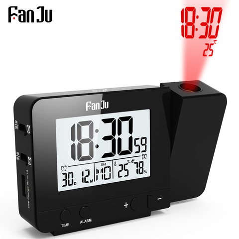 FanJu-Reloj de mesa escritorio con alarma de proyección, reloj Digital con función de repetición de humedad y temperatura, carga USB con proyección de tiempo ► Foto 1/6