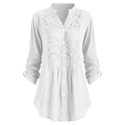 De encaje de las mujeres blusa de talla grande de Blanco sólido camisa suelta de manga larga cuello en V elegante botón Tops y blusas para mujer túnica ► Foto 1/6