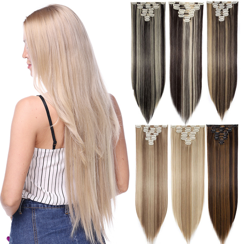 S-noilite 8 unids/set de extensiones de pelo largas y rectas con Clip en las extensiones de pelo auténtico sintético negro marrón rojo rosa púrpura ► Foto 1/6