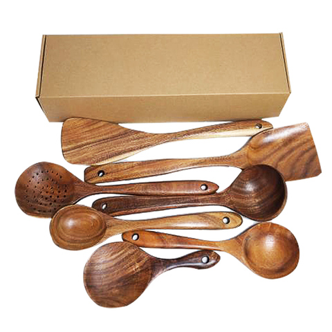 Seguridad de madera Natural vajilla cuchara Turner arroz largo colador de sopa cocina cucharas exclusiva herramienta de cocina conjunto con caja ► Foto 1/6