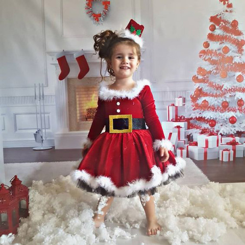 6M-4T niño pequeño niños niñas Navidad traje de manga larga de terciopelo rojo princesa vestido de piel con cinturón niños Santa regalos de navidad ► Foto 1/6