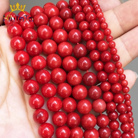 Cuentas redondas sueltas de piedra Natural para fabricación de joyas, cuentas redondas de Coral rojo para hacer pulseras, accesorios de tachuelas para oreja, tamaño de 15 
