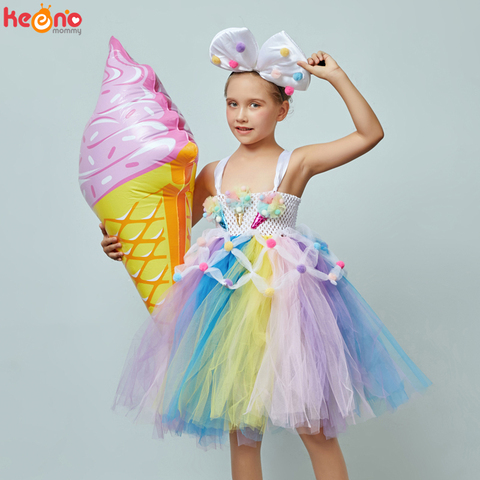 Vestido con tutú de helado para niña y niño, traje con lazo para pastel de cumpleaños, disfraz de comida para niña, vestido para espectáculo de baile ► Foto 1/6