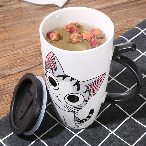 Venta caliente 600 ml de dibujos animados creativo gato taza con tapa de leche taza de café para el té de porcelana taza de gran capacidad de regalos ► Foto 1/6