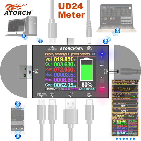 Probador USB de 2,4 pulgadas UD24, voltímetro digital tipo C DC5.5, amperímetro, detector de voltaje de Banco de energía, volt QC PD, medidor eléctrico para aplicación ► Foto 1/6