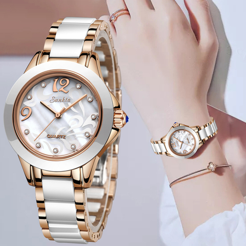 SUNKTA reloj de cristal de lujo para mujer, regalo, relojes de pulsera de oro rosa a prueba de agua, relojes de pulsera de marca superior, reloj femenino ► Foto 1/6