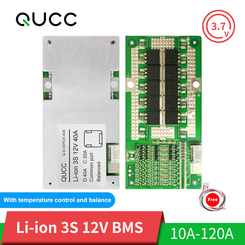 Qucc BMS 3S 12V 10A 15A 20A 30A 40A 60A 80A 100A 120A 18650 equilibrador de placa de protección de batería de litio ecualizador Lipo ion-litio BMS ► Foto 1/6