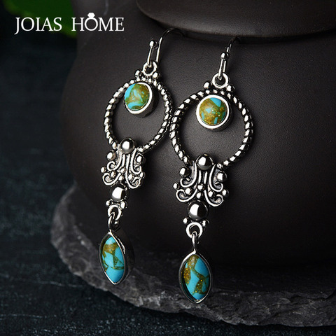 JoiasHome-pendientes de plata de ley 925 estilo étnico Vintage tailandesa, turquesa incrustada, pendientes largos para mujer, regalos de boda ► Foto 1/6