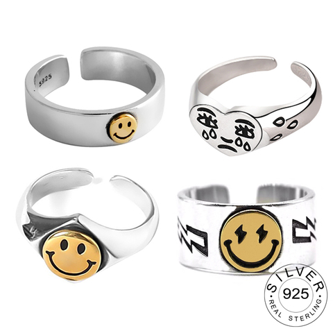 Plata de Ley 925 auténtica dedo Anillos para las mujeres amarillo sonrisa cara delicado de moda joyería gran ajustable Anillos antiguos Anillos ► Foto 1/6