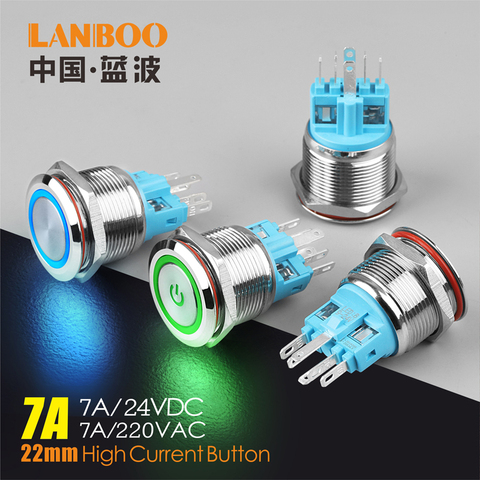 LANBOO-Interruptor de botón de Metal para coche, interruptor de botón de encendido momentáneo de 22mm, luz LED de 12V, 24V, 220V, 4 tornillos, impermeable ► Foto 1/5