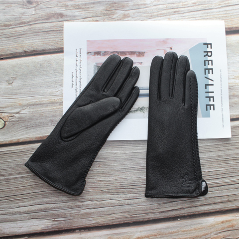 Bickmods-guantes de piel auténtica para mujer, 100%, forro de terciopelo, sección delgada, conducción, piel de ciervo negro, para mantener el calor en invierno ► Foto 1/6