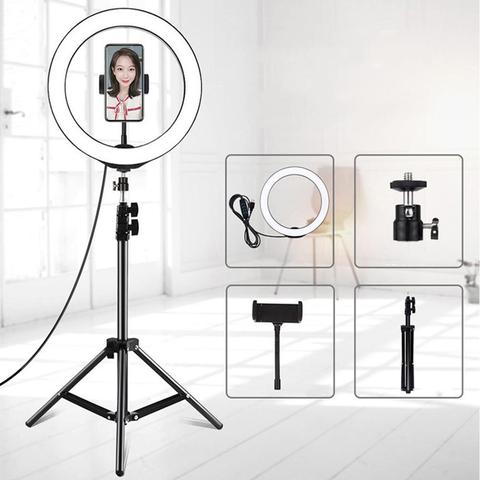 Anillo de luz LED Selfie con trípode USB Selfie luz anillo lámpara gran fotografía Ringlight con soporte para teléfono celular estudio gran oferta ► Foto 1/6