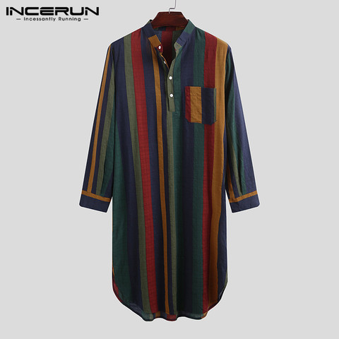 INCERUN de rayas de los hombres dormir trajes de algodón Homewear Cuello, manga larga, 2022 ocio camisón Retro cómoda Albornoz de hombre S-5XL 7 ► Foto 1/6